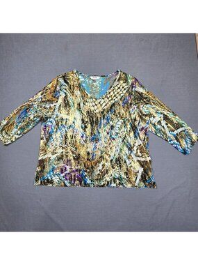 Tanjay Petite Womens PL 3/4 Sleeve Top Abstract Print Gold Metallic